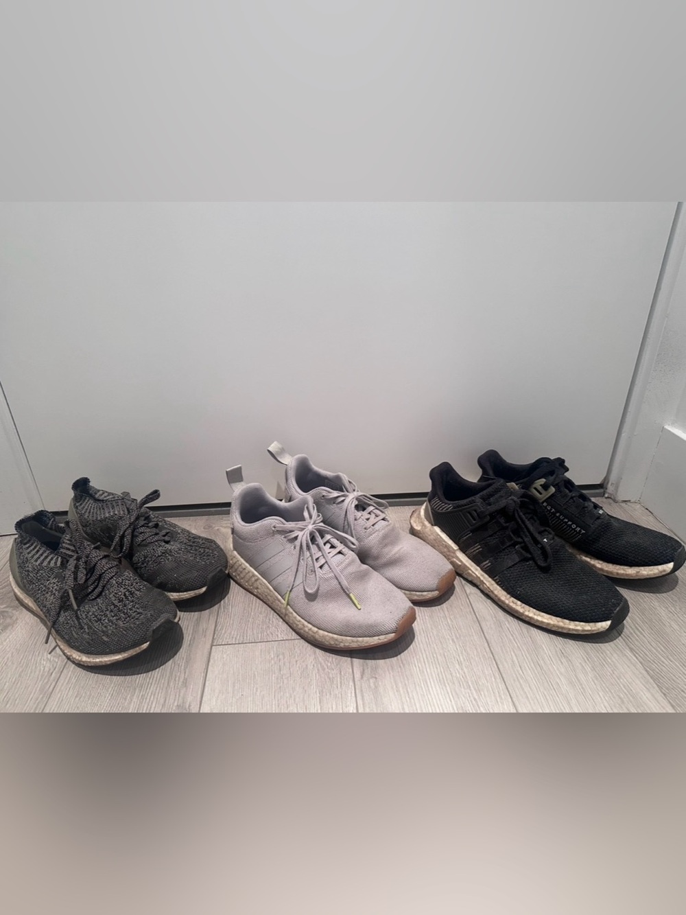 Adidas Men’s 9.5 Shoe Bundle – Ultraboost, NMD & EQT (3 Pairs)